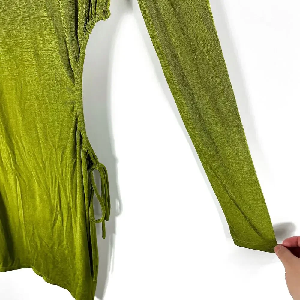 Louna Slinky Dress Green Jersey Knit Mini Waist Cut Out Bodycon Long Sleeve Sz M - Picture 9 of 13
